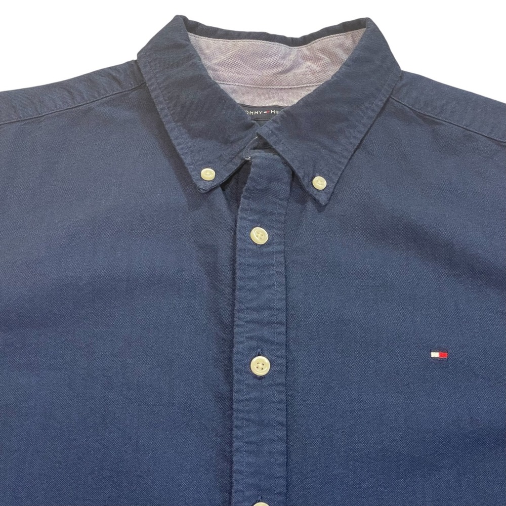 Tommy Hilfiger Mens Navy Blue Twill Custom Fit Button Down Shirt Large L